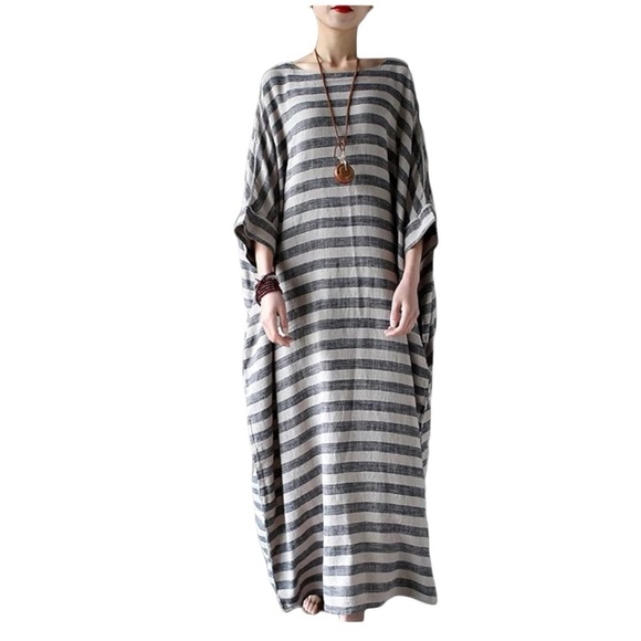Linen Cotton Striped Caftan Maxi Dress Batwing Pockets Oversized OSFM 32” x 45” - Picture 10 of 16